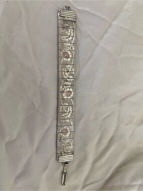 Stamped Silver Metal Floral Panel Bracelet in Silver with Pink Accents